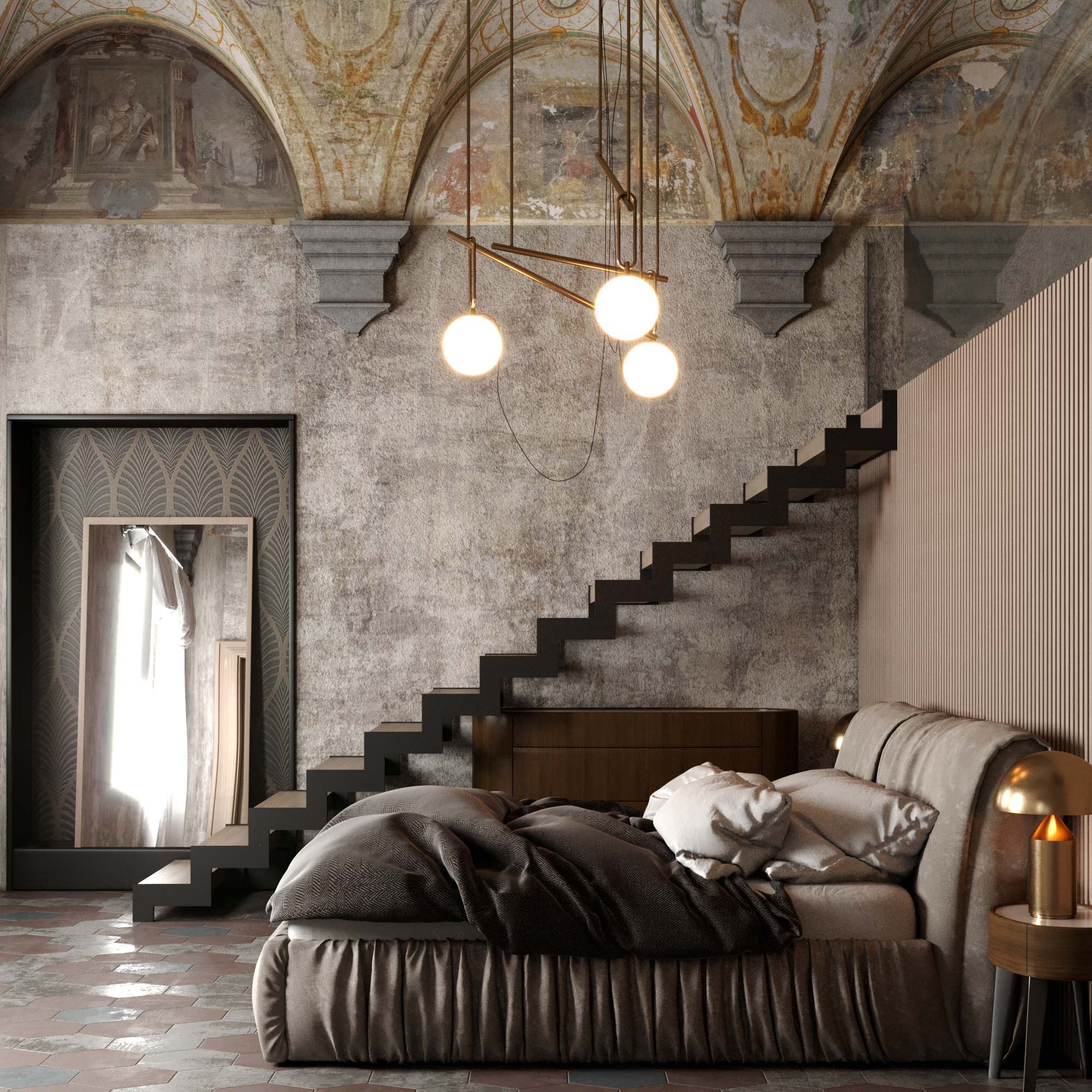 Living con capriate in legno a vista
